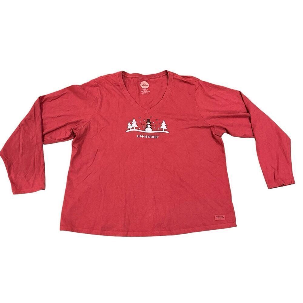 Life Is Good Crusher Tee Snowman T-Shirt V Neck Long Sleeve Red Sz XXXL‎ Winter